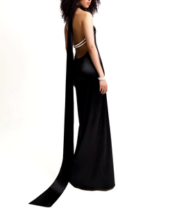 Backless Halter Pearl Black Maxi Long Bodycon Dress 2024 Elegant Evening Club Party Outfit