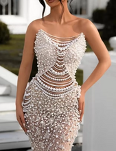 Load image into Gallery viewer, Sexy Strapless Backless Pearl Sequins Maxi Long Beige Gowns Dress