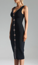 Cargar imagen en el visor de la galería, Sexy V Neck Rhinestone Split Black Midi Bodycon Bandage Dress