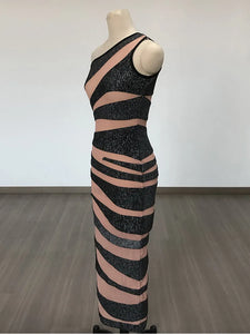 Women Celebrity Luxury Sexy One Shoulder Glitter Mesh Midi Summer Bodycon Bandage Dress 2024 Elegant Evening Club Party Outfit