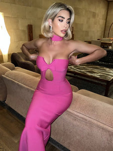 Summer Sexy Strapless Backless Bow Tie Hot Pink Ankle Women Bodycon Bandage Dress 2024