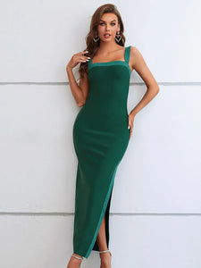 New Women Summer Fashion Sexy Square Collar Green Diamonds Mid-Calf Bodycon Bandage Dress 2023 Elegant Evening Club Party Dress