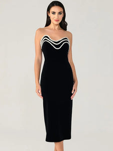 Luxury Sexy Strapless Backless Diamonds Black Midi Bodycon Bandage Dress 2024 Elegant Evening Club Party Outfit