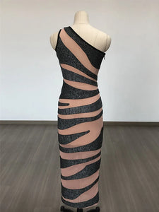 Women Celebrity Luxury Sexy One Shoulder Glitter Mesh Midi Summer Bodycon Bandage Dress 2024 Elegant Evening Club Party Outfit