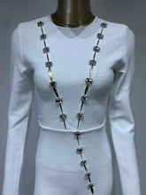 Cargar imagen en el visor de la galería, Women Winter Sexy Long Sleeve O Neck Crystal Diamonds White Mini Dress