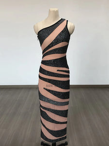 Women Celebrity Luxury Sexy One Shoulder Glitter Mesh Midi Summer Bodycon Bandage Dress 2024 Elegant Evening Club Party Outfit