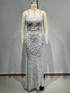 Sexy Strapless Backless Pearl Sequins Maxi Long Beige Gowns Dress