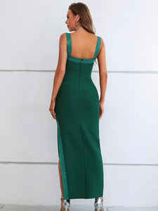 New Women Summer Fashion Sexy Square Collar Green Diamonds Mid-Calf Bodycon Bandage Dress 2023 Elegant Evening Club Party Dress