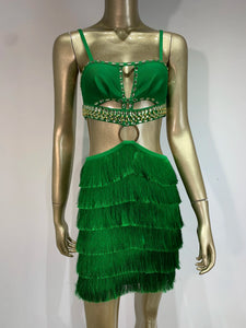 Green Tassel Cut Out Mini Bodycon Bandage Dress 2024 Elegant Evening Club Party Outfit