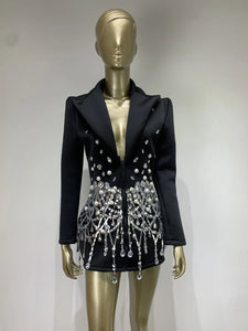 Long Sleeve Pearl Sequins Blazer Black Mini Gowns Dress