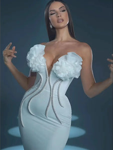 Women Celebrity Sexy Strapless Backless Beading Diamonds White Maxi Long Bandage Dress 2024 Elegant Evening Club Party Dress