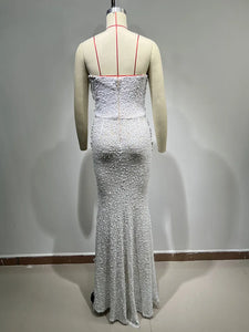 Sexy Strapless Backless Pearl Sequins Maxi Long Beige Gowns Dress