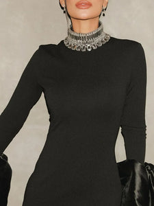 Sexy Turtleneck Beading Rhinestone Black Maxi Long Dress