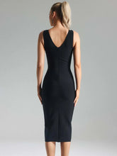 Cargar imagen en el visor de la galería, Sexy V Neck Rhinestone Split Black Midi Bodycon Bandage Dress