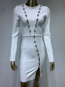 Women Winter Sexy Long Sleeve O Neck Crystal Diamonds White Mini Dress