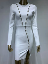 Cargar imagen en el visor de la galería, Women Winter Sexy Long Sleeve O Neck Crystal Diamonds White Mini Dress