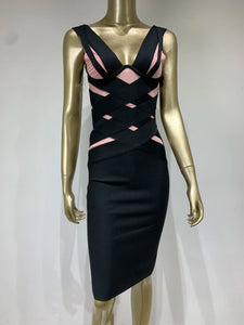 V Neck Mesh Black Bodycon Midi Bandage Dress