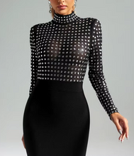 Load image into Gallery viewer, Newest Women Celebrity Sexy Turtleneck Rhinestone Black Midi Bodycon Bandage Dress 2024 Elegant Evening Club Party Dress