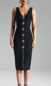 Sexy V Neck Rhinestone Split Black Midi Bodycon Bandage Dress