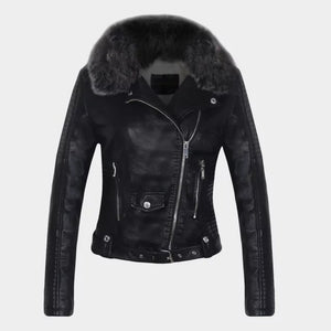 Hot Women Winter Warm Faux Leather Jacket with Fur Collar