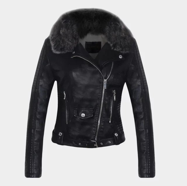 Hot Women Winter Warm Faux Leather Jacket with Fur Collar