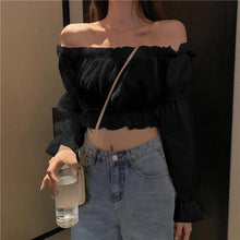 Cargar imagen en el visor de la galería, Top de mujer Blusa sexy con hombros descubiertos Camiseta de manga larga para fiesta en el club Camisa blanca Manga farol Volantes Túnica Crop Top Top de tubo de verano