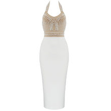 Load image into Gallery viewer, Backless Halter Diamonds Crystal White Beige Midi Bodycon Bandage Dress