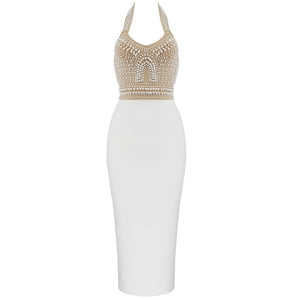 Backless Halter Diamonds Crystal White Beige Midi Bodycon Bandage Dress