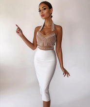 Load image into Gallery viewer, Backless Halter Diamonds Crystal White Beige Midi Bodycon Bandage Dress