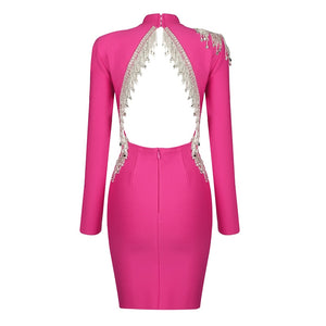 Hot Pink Sexy Long Sleeve Backless Dress