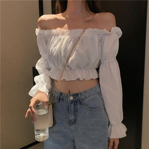 Top de mujer Blusa sexy con hombros descubiertos Camiseta de manga larga para fiesta en el club Camisa blanca Manga farol Volantes Túnica Crop Top Top de tubo de verano