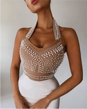 Load image into Gallery viewer, Backless Halter Diamonds Crystal White Beige Midi Bodycon Bandage Dress