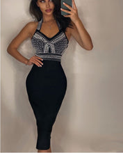 Load image into Gallery viewer, Backless Halter Diamonds Crystal Black Midi Bodycon Bandage Dress