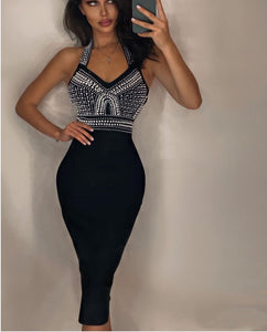 Backless Halter Diamonds Crystal Black Midi Bodycon Bandage Dress