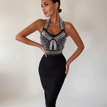 Load image into Gallery viewer, Backless Halter Diamonds Crystal White Beige Midi Bodycon Bandage Dress