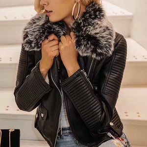 Hot Women Winter Warm Faux Leather Jacket with Fur Collar