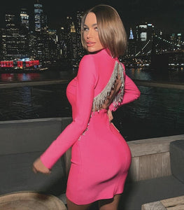 Hot Pink Sexy Long Sleeve Backless Dress