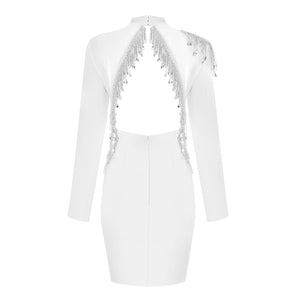 White Winter Sexy Long Sleeve Backless Crystals Dress