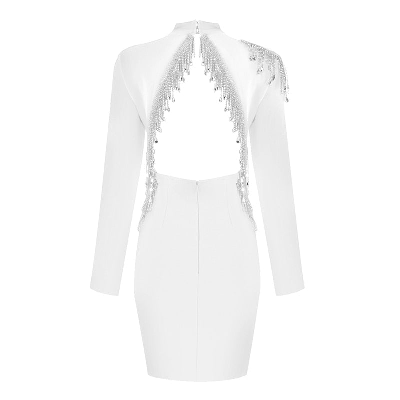 White Winter Sexy Long Sleeve Backless Crystals Dress