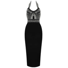 Cargar imagen en el visor de la galería, Backless Halter Diamonds Crystal Black Midi Bodycon Bandage Dress