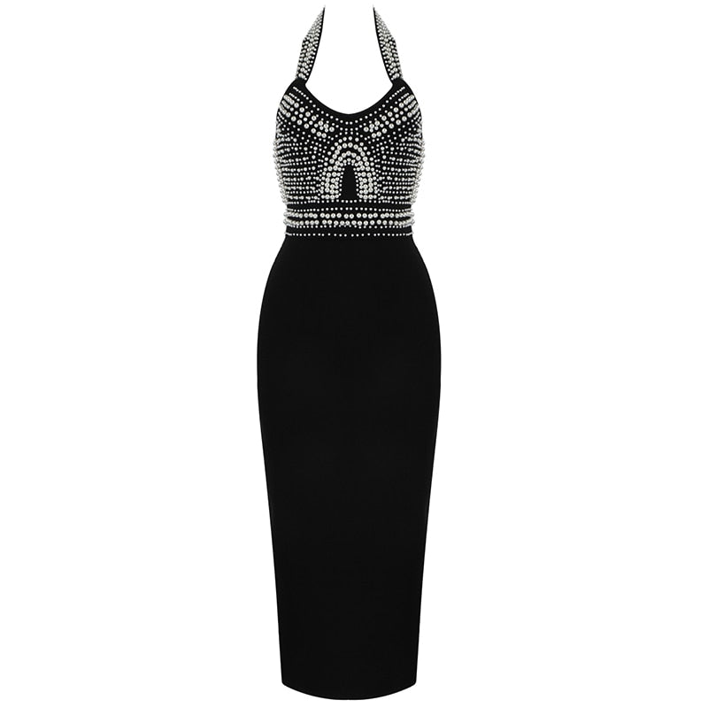 Backless Halter Diamonds Crystal Black Midi Bodycon Bandage Dress