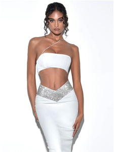 White One Shoulder Crystal Diamonds Dress