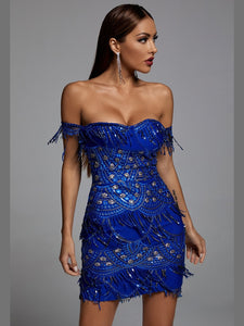 BLUE Sexy Off Shoulder Sequins Mini Dress