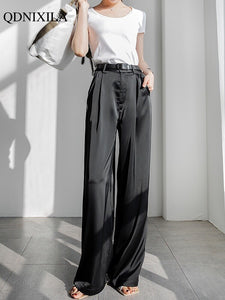 Faux Silk pants for Women Loose Classic Black Straight High Waist Casual