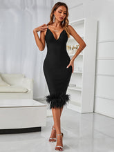 Load image into Gallery viewer, Black V Neck Backless Feather Below the Knee Dress