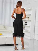 Load image into Gallery viewer, Black V Neck Backless Feather Below the Knee Dress