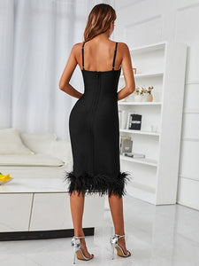 Black V Neck Backless Feather Below the Knee Dress