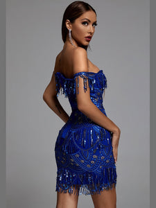 BLUE Sexy Off Shoulder Sequins Mini Dress