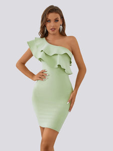 New Arrival Women Summer Style Sexy One Shoulder Ruffles Mint Green Mini Bodycon Bandage Dress