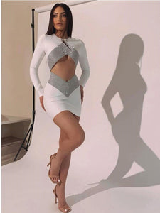 White Mini Sexy Long Sleeve Key Hole Dress